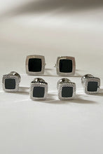 Cristoforo Cardi Black Square Swirl Enamel with Silver Trim Studs & Cufflinks Set