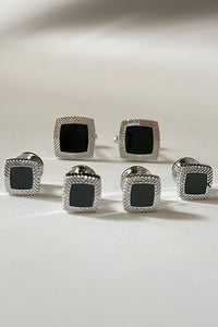 Cristoforo Cardi Black Square Swirl Enamel with Silver Trim Studs & Cufflinks Set