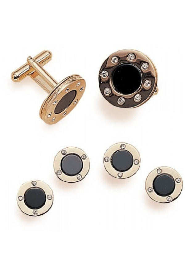 Cristoforo Cardi Black Circular Onyx with CZ Stones Gold Trim Studs & Cufflinks Set