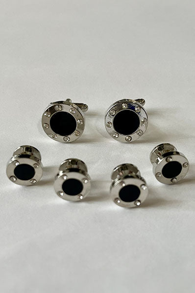 Cristoforo Cardi Black Circular Onyx with CZ Stones Silver Trim Studs & Cufflinks Set