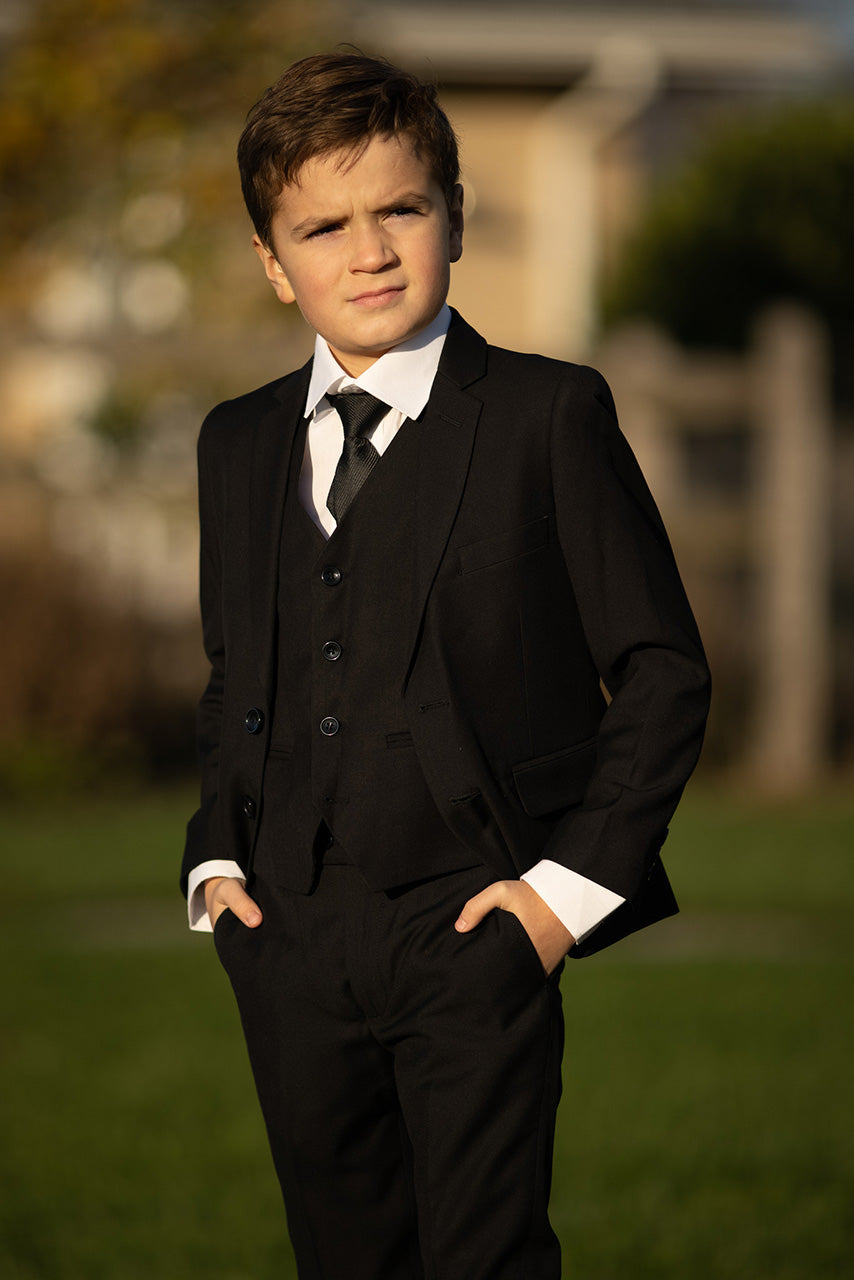Boys Black Tailored Fit Tuxedo Suit | Boys Black Tux Wedding Suit
