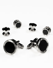 Cristoforo Cardi Black Circular Onyx with Silver Edge Concentric Circles Studs and Cufflinks Set
