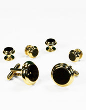 Cristoforo Cardi Black Circular Onyx with Gold Double Edge Concentric Circles Studs and Cufflinks Set