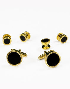 Cristoforo Cardi Black Circular Onyx with Gold Feather Cut Edge Studs and Cufflinks Set