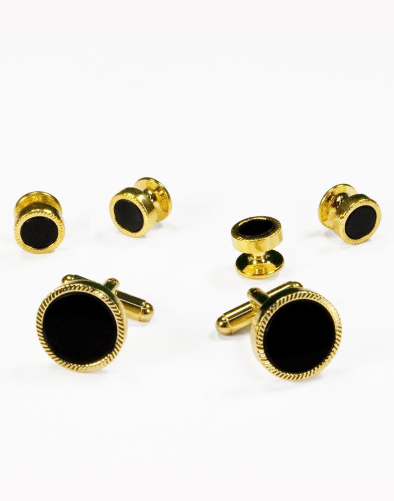 Cristoforo Cardi Black Circular Onyx with Gold Feather Cut Edge Studs and Cufflinks Set