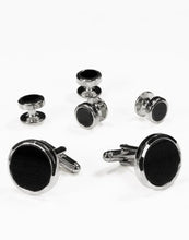 Cristoforo Cardi Black Circular Onyx with Silver Facet Cut Edge Studs and Cufflinks Set