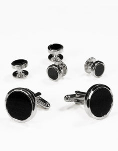 Cristoforo Cardi Black Circular Onyx with Silver Facet Cut Edge Studs and Cufflinks Set
