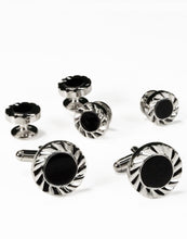 Cristoforo Cardi Black Circular Onyx with Silver Fan Cut Edge Studs and Cufflinks Set