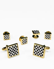 Cristoforo Cardi Black & White Square Onyx and Mother of Pearl Checkerboard with Gold Trim Studs and Cufflinks Set