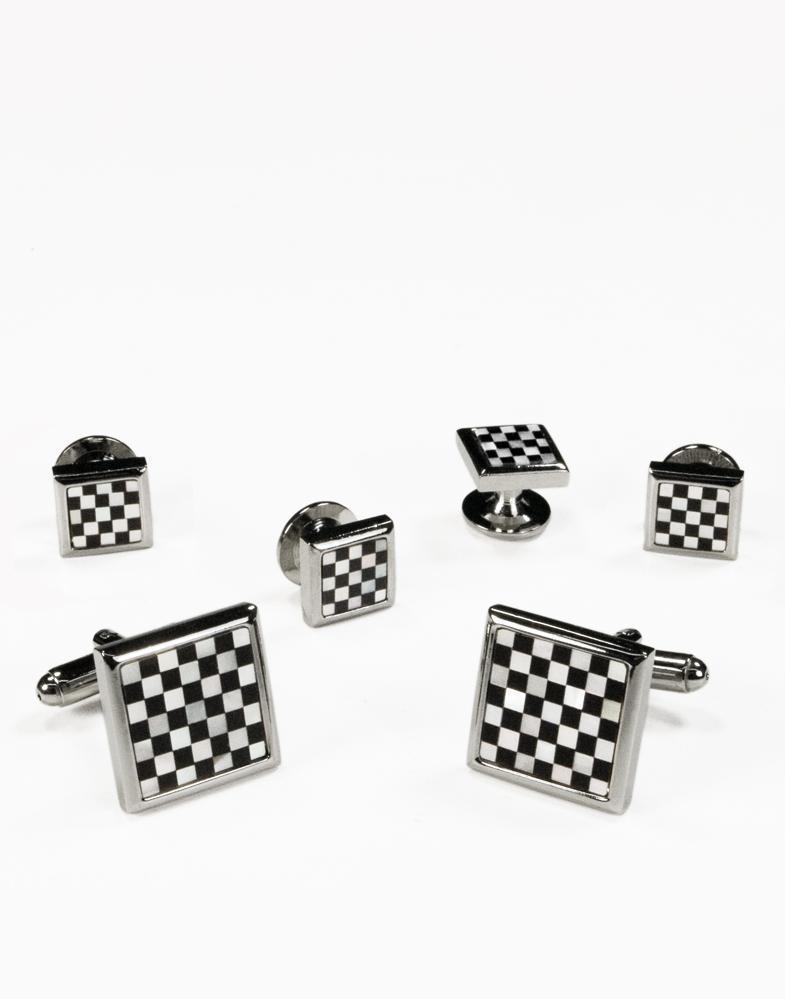 Black & White Square Onyx and Mother of Pearl Checkerboard with Silver Trim Studs and Cufflinks Set Black & White Square Onyx and Mother of Pearl Checkerboard with Silver Trim Studs and Cufflinks Set