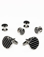 Cristoforo Cardi Black & White Circular Onyx and Mother of Pearl Mini-Stripes with Silver Trim Studs and Cufflinks Set