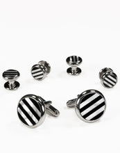 Cristoforo Cardi Black & White Circular Onyx and Mother of Pearl Stripes with Silver Trim Studs and Cufflinks Set