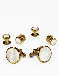 Cristoforo Cardi White Mother of Pearl in Gold Setting Studs & Cufflinks Set