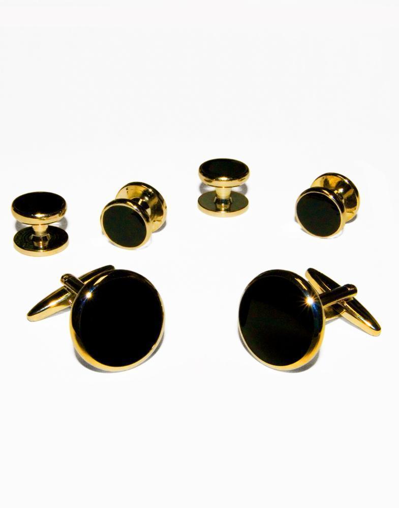 Black Circular Onyx with Gold Trim Studs and Cufflinks Set Black Circular Onyx with Gold Trim Studs and Cufflinks Set