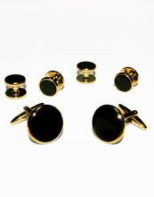 Cristoforo Cardi Black Circular Enamel with Gold Trim Studs & Cufflinks Set