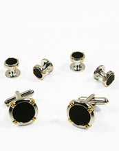 Cristoforo Cardi Black Circular Onyx with Silver Trim and Gold Wrapped Accents Studs and Cufflinks Set