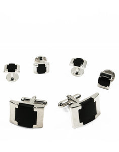 Cristoforo Cardi Black Watch Link Onyx with Silver Edge Studs and Cufflinks Set