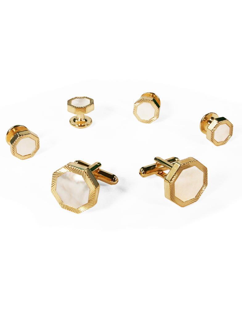 Cristoforo Cardi White Octagon Mother of Pearl with Gold Edge Studs and Cufflinks Set