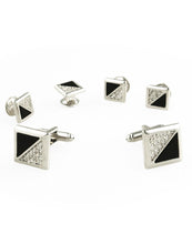 Cristoforo Cardi Black Onyx & Cubic Zirconia Triangles with Silver Edge Studs and Cufflinks Set