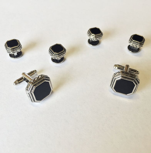 Cristoforo Cardi Black Octagon Onyx with Antique Silver Edge Studs and Cufflinks Set